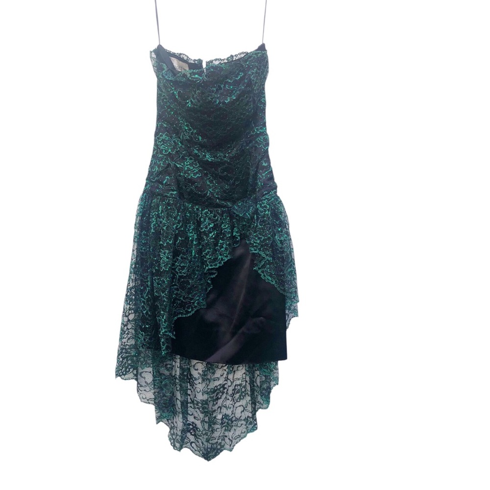 Vintage green lace overlay over black satin  drop waist dress